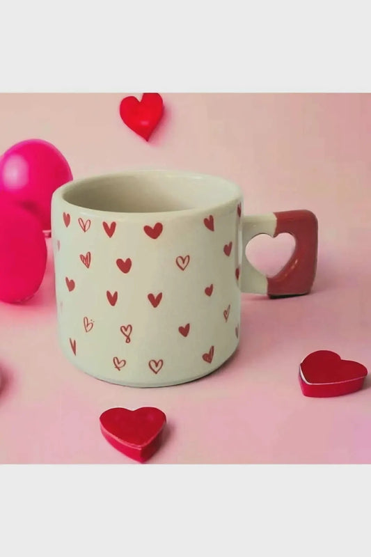 Set Of 2 Handmade Ceramic Mugs With Red Heart Patterns For Valentines Day