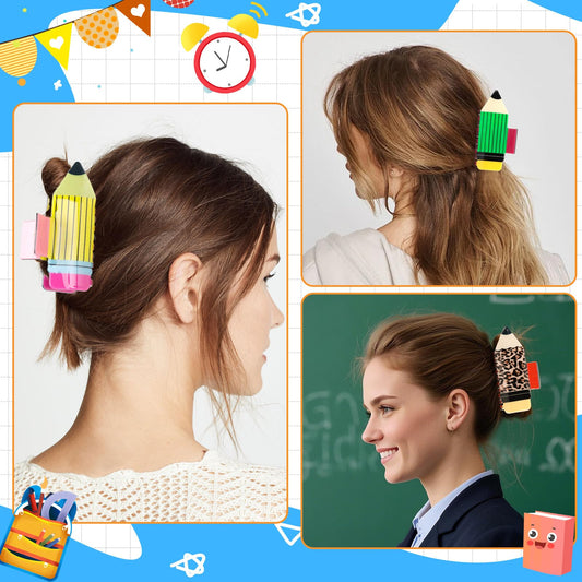 4Pcs Pencil Hair Clips Back To School Hair Accessories For Women Sunflower Leopard Stripe Hair Claw Clips Non Slip Hairpin For Thick Thin Hair School Opens Season Teachers Outfit Decor Clearance