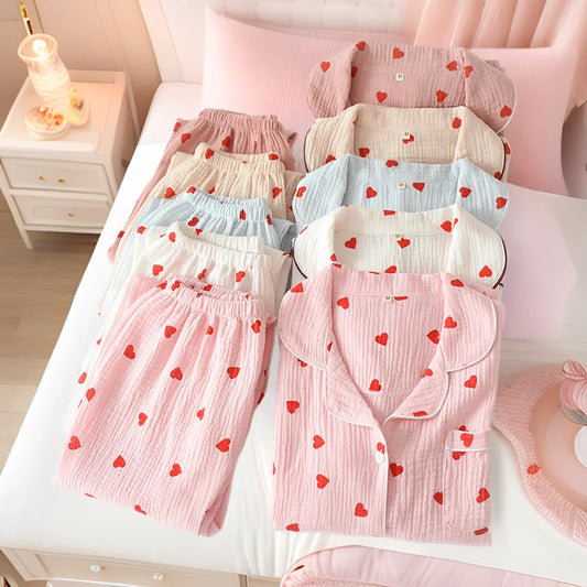 Pajamas for Women in Spring Made of Pure Cotton Gauze with Long Sleeves and Thin Crepe Fabric Sweet Loose Summer Home Clothes
