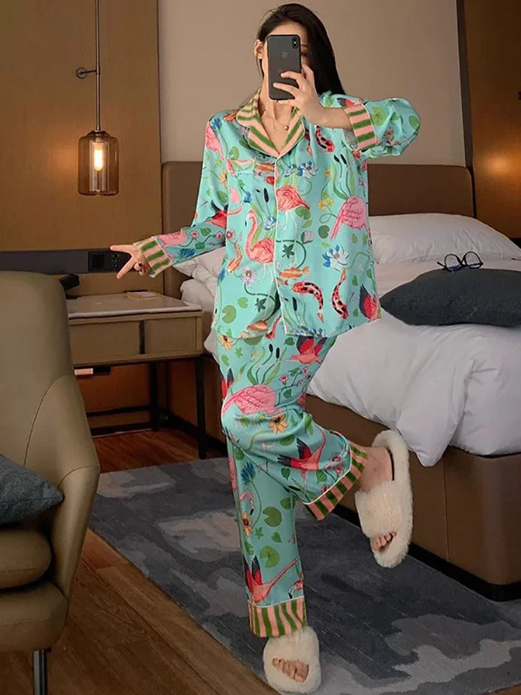 Sexy Pajamas for Women in Spring Summer Long Sleeved Flower and Bird Patterns High-end New Luxurious Comfortable Pajamas