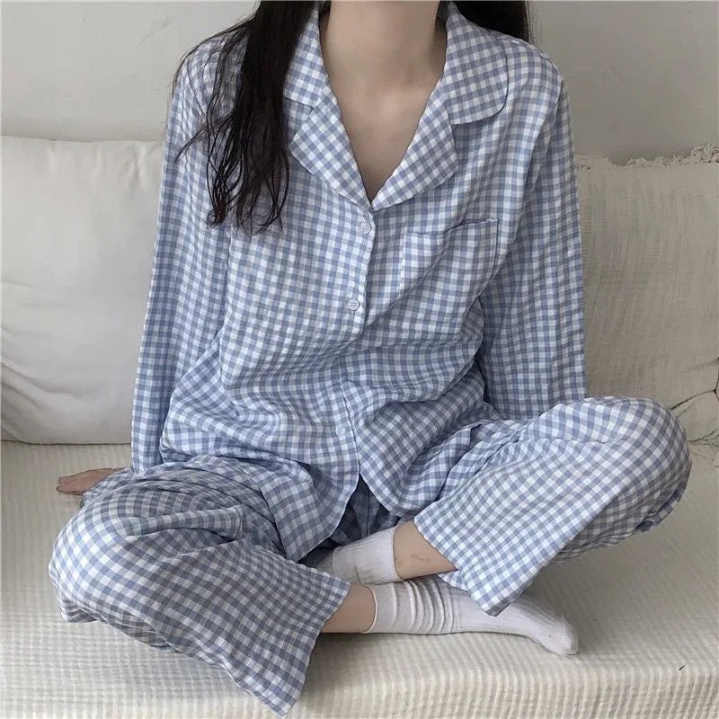 Pajamas Female Autumn and Winter Long-Sleeved Sweet Homewear Two-Piece Tide Cardigan Lapel Plaid Homewear