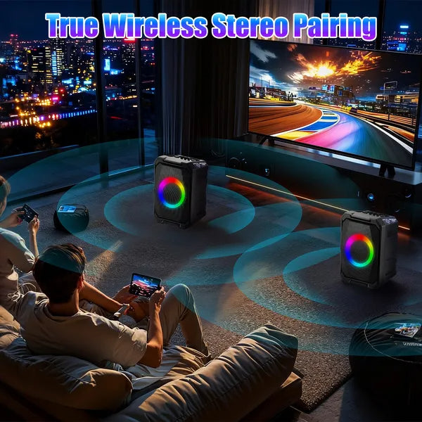 Portable Wireless Party Speaker With LED Light 2 Wireless Mics Remote Control TWS Music Accompany Mic. Priority Bass Echo Mic Treble Guitar In