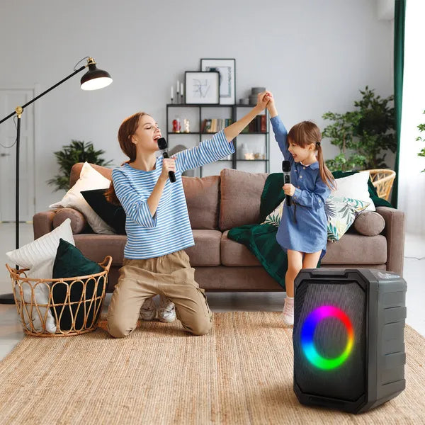 Portable Wireless Party Speaker With LED Light 2 Wireless Mics Remote Control TWS Music Accompany Mic. Priority Bass Echo Mic Treble Guitar In