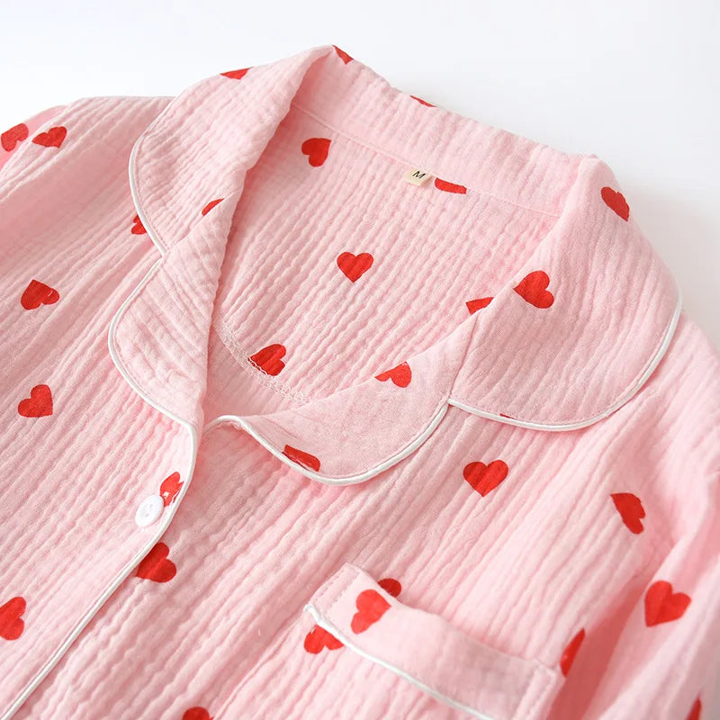 Pajamas for Women in Spring Made of Pure Cotton Gauze with Long Sleeves and Thin Crepe Fabric Sweet Loose Summer Home Clothes