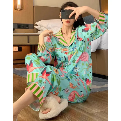 Sexy Pajamas for Women in Spring Summer Long Sleeved Flower and Bird Patterns High-end New Luxurious Comfortable Pajamas