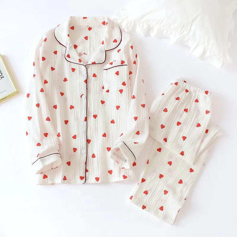 Pajamas for Women in Spring Made of Pure Cotton Gauze with Long Sleeves and Thin Crepe Fabric Sweet Loose Summer Home Clothes