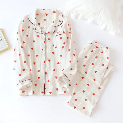 Pajamas for Women in Spring Made of Pure Cotton Gauze with Long Sleeves and Thin Crepe Fabric Sweet Loose Summer Home Clothes