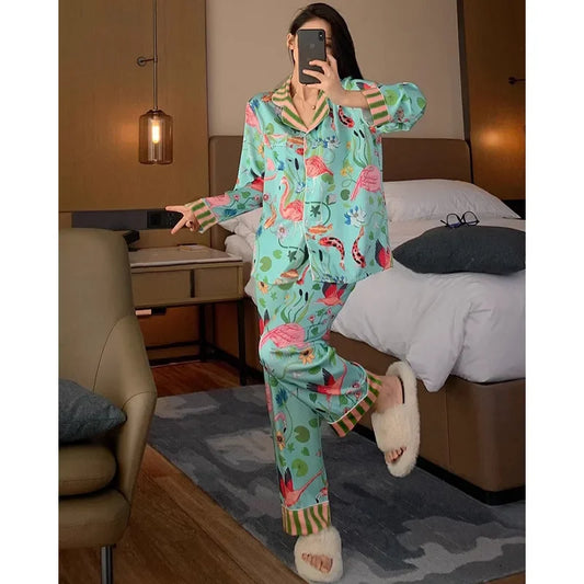 Sexy Pajamas for Women in Spring Summer Long Sleeved Flower and Bird Patterns High-end New Luxurious Comfortable Pajamas