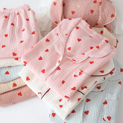 Pajamas for Women in Spring Made of Pure Cotton Gauze with Long Sleeves and Thin Crepe Fabric Sweet Loose Summer Home Clothes
