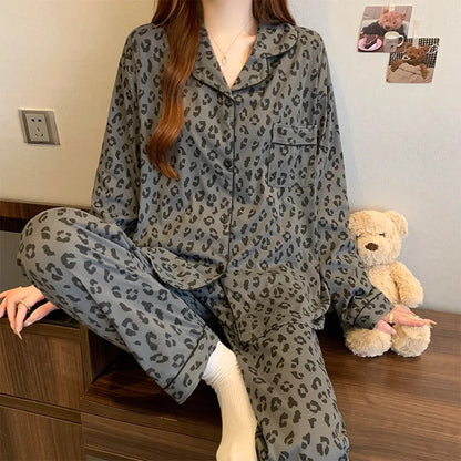 Pyjama respirant à manches longues pour femmes, vêtements de nuit pour étudiants, cardigan à rayures grises, vêtements d'intérie