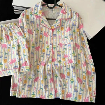 Women Pajamas Fashionable Casual Harajuku Style Women Cartoon Striped Fun Print Two-Piece Pajamas Autumn Long-Sleeve Loungewear