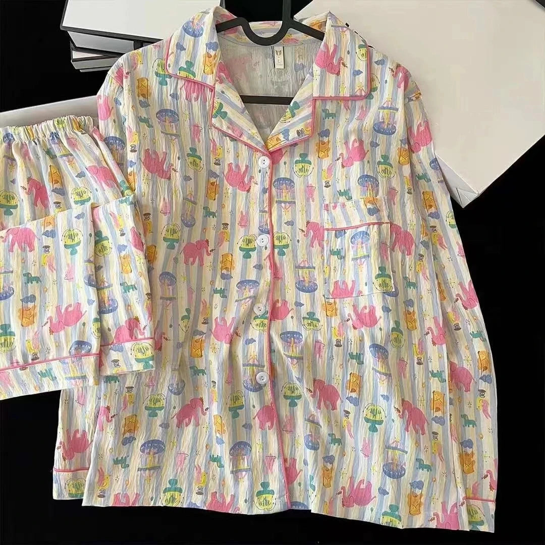 Women Pajamas Fashionable Casual Harajuku Style Women Cartoon Striped Fun Print Two-Piece Pajamas Autumn Long-Sleeve Loungewear
