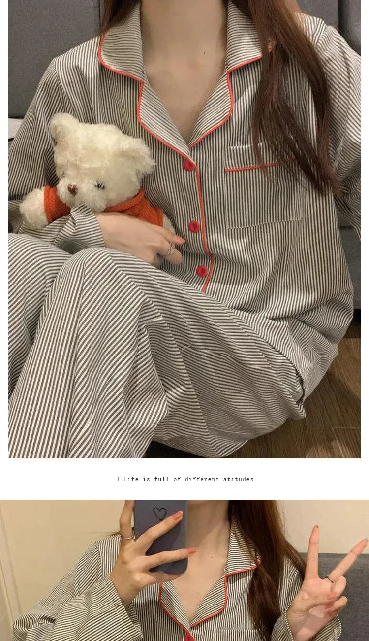 Pyjama respirant à manches longues pour femmes, vêtements de nuit pour étudiants, cardigan à rayures grises, vêtements d'intérie