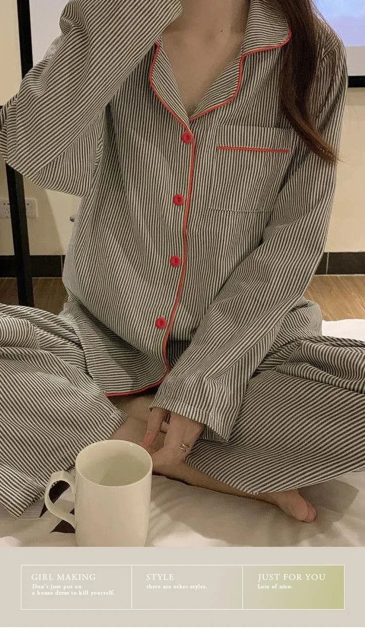 Pyjama respirant à manches longues pour femmes, vêtements de nuit pour étudiants, cardigan à rayures grises, vêtements d'intérie