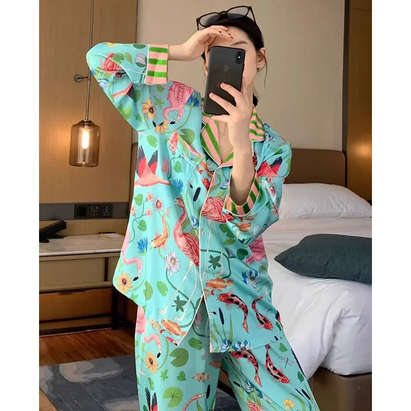 Sexy Pajamas for Women in Spring Summer Long Sleeved Flower and Bird Patterns High-end New Luxurious Comfortable Pajamas