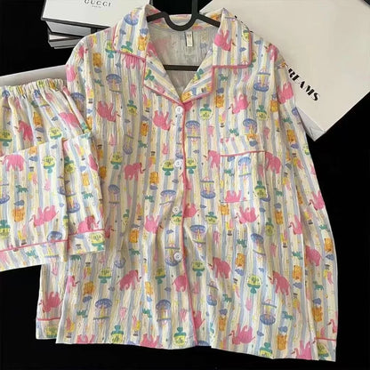 Women Pajamas Fashionable Casual Harajuku Style Women Cartoon Striped Fun Print Two-Piece Pajamas Autumn Long-Sleeve Loungewear