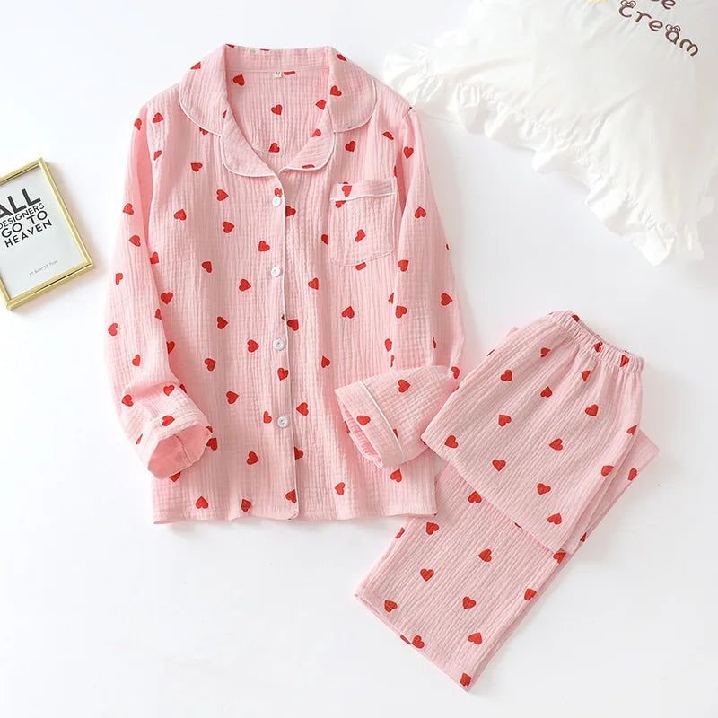 Pajamas for Women in Spring Made of Pure Cotton Gauze with Long Sleeves and Thin Crepe Fabric Sweet Loose Summer Home Clothes