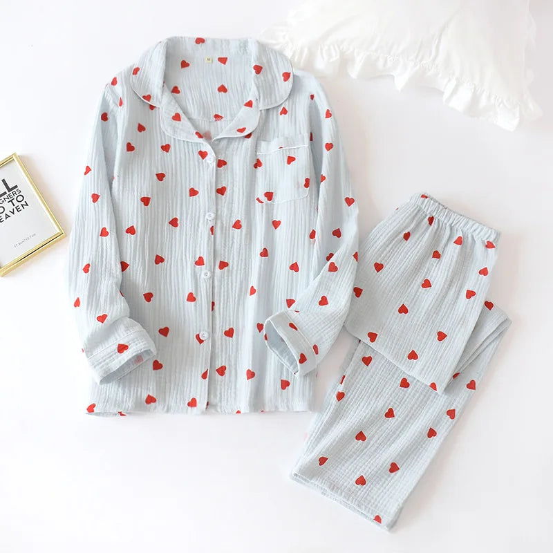 Pajamas for Women in Spring Made of Pure Cotton Gauze with Long Sleeves and Thin Crepe Fabric Sweet Loose Summer Home Clothes