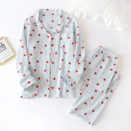 Pajamas for Women in Spring Made of Pure Cotton Gauze with Long Sleeves and Thin Crepe Fabric Sweet Loose Summer Home Clothes