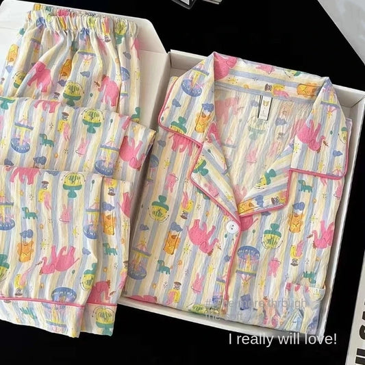 Women Pajamas Fashionable Casual Harajuku Style Women Cartoon Striped Fun Print Two-Piece Pajamas Autumn Long-Sleeve Loungewear