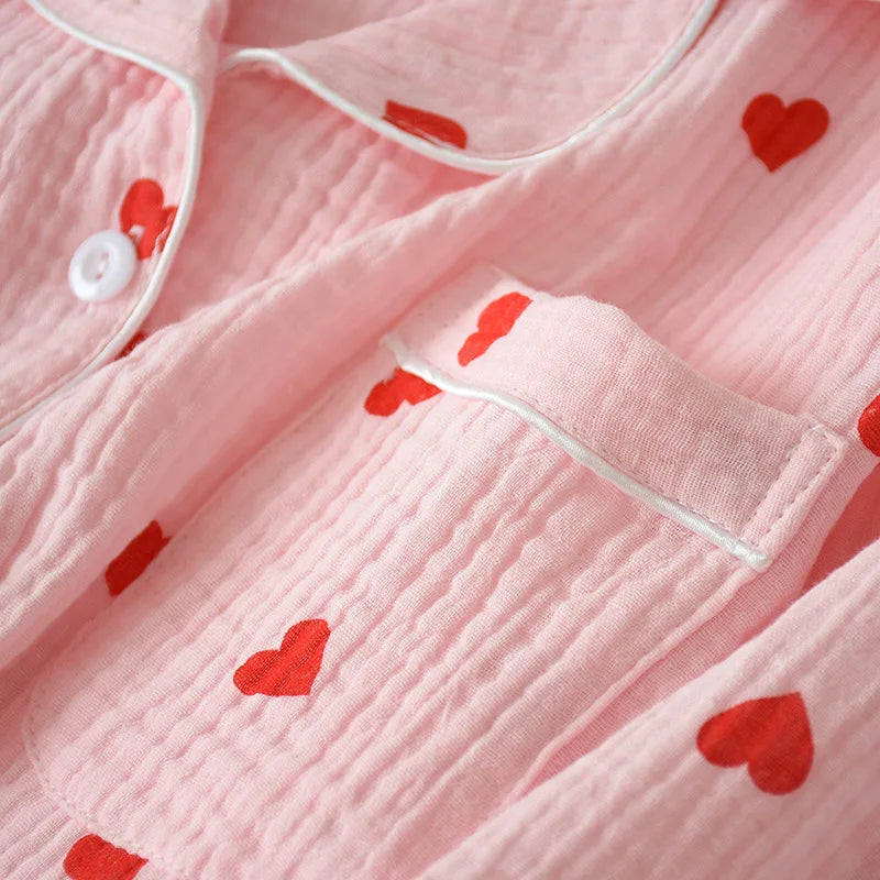 Pajamas for Women in Spring Made of Pure Cotton Gauze with Long Sleeves and Thin Crepe Fabric Sweet Loose Summer Home Clothes