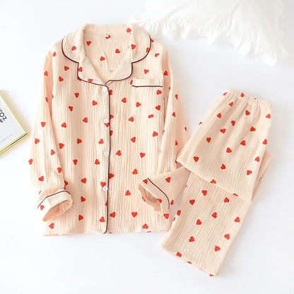 Pajamas for Women in Spring Made of Pure Cotton Gauze with Long Sleeves and Thin Crepe Fabric Sweet Loose Summer Home Clothes