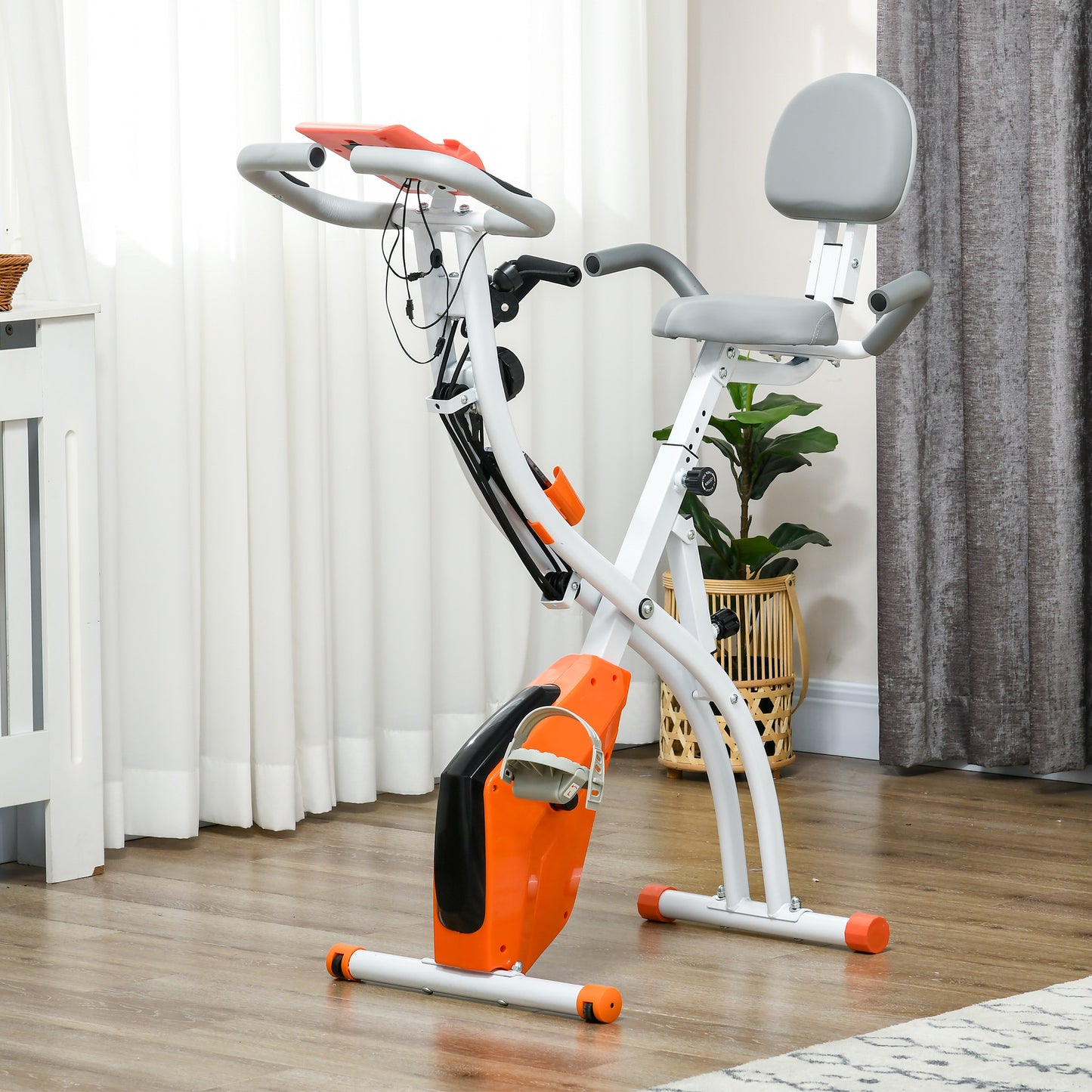 2-in-1 Folding Exercise Bike With 8-Level Magnetic Resistance, Arm Resistance Band, Pulse Sensor, Orange
