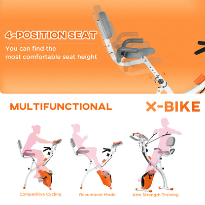 2-in-1 Folding Exercise Bike With 8-Level Magnetic Resistance, Arm Resistance Band, Pulse Sensor, Orange